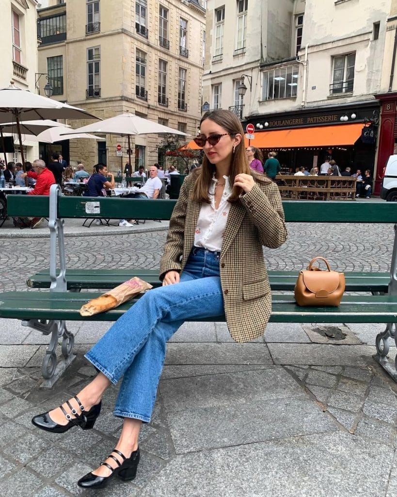 Parisian fall outfit with brown check blazer, white shirt, cropped jeans, mary janes