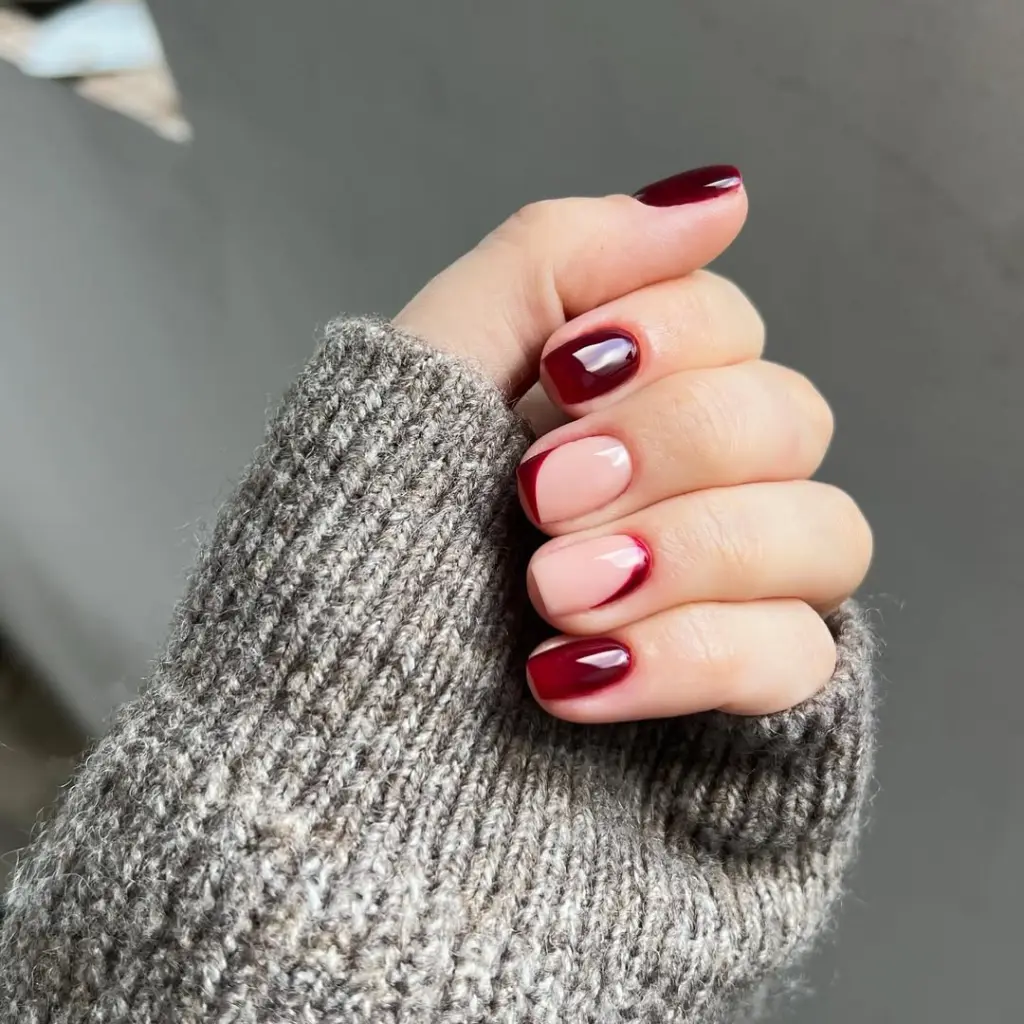 Fall short nail designs with burgundy solid color, sheer pink base with side French tips and reverse French tips