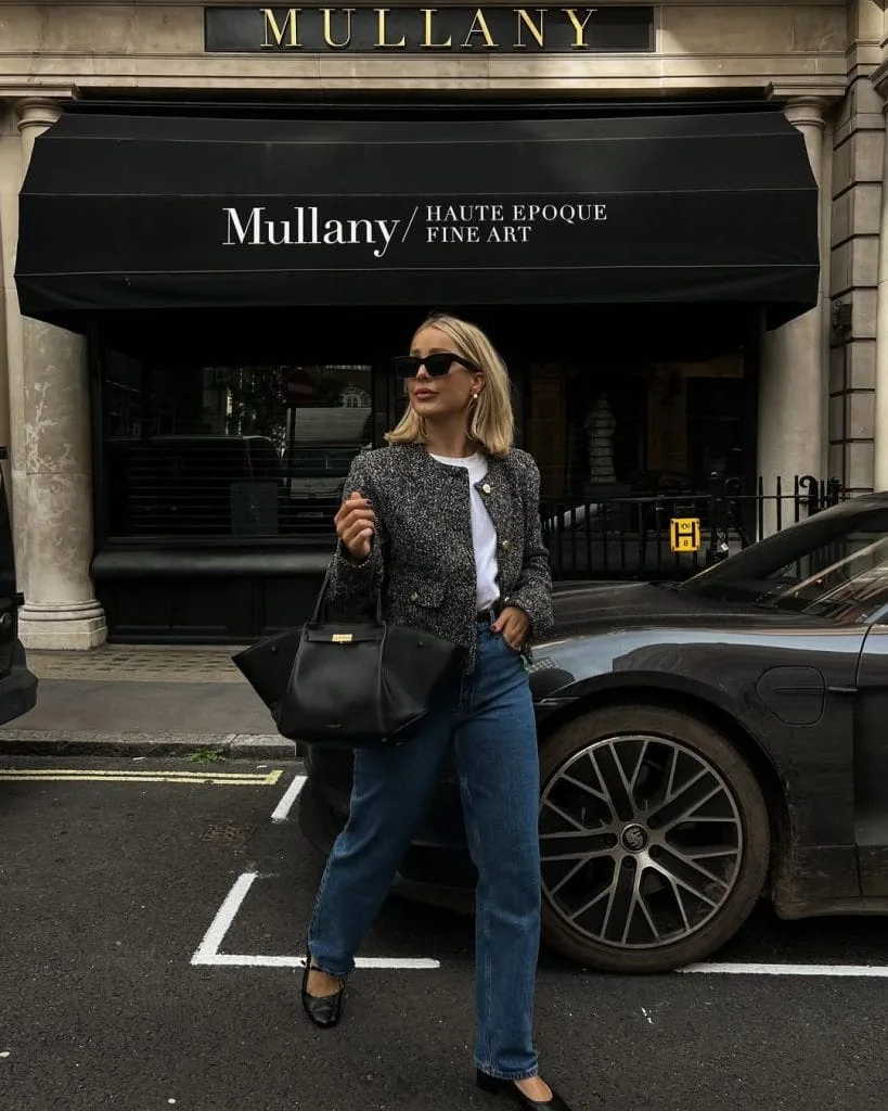 Classic old money outfit with grey tweed blazer, white tee, straight jeans and black Mary Janes