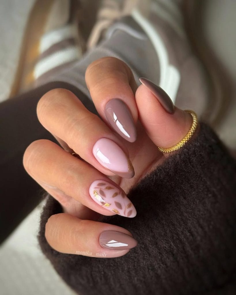 Mauve September nails with French tips and gold leaf design accents
