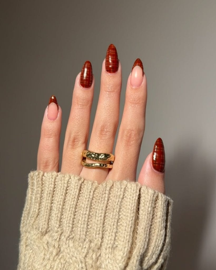 Fall nails with plaid design and French tips