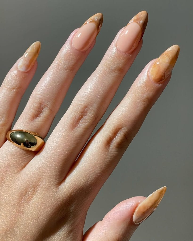 Marble September nails with iced coffee design and French tips