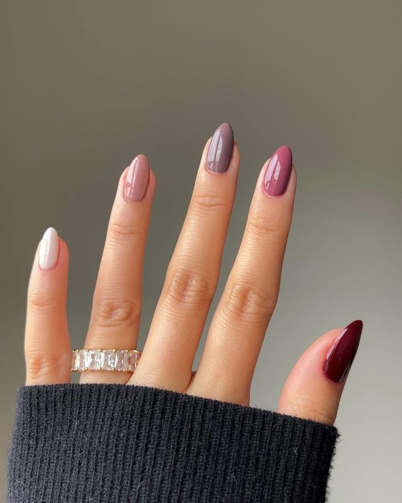 Gradient September nails with burgundy, mauve, taupe, nude, and cream shades