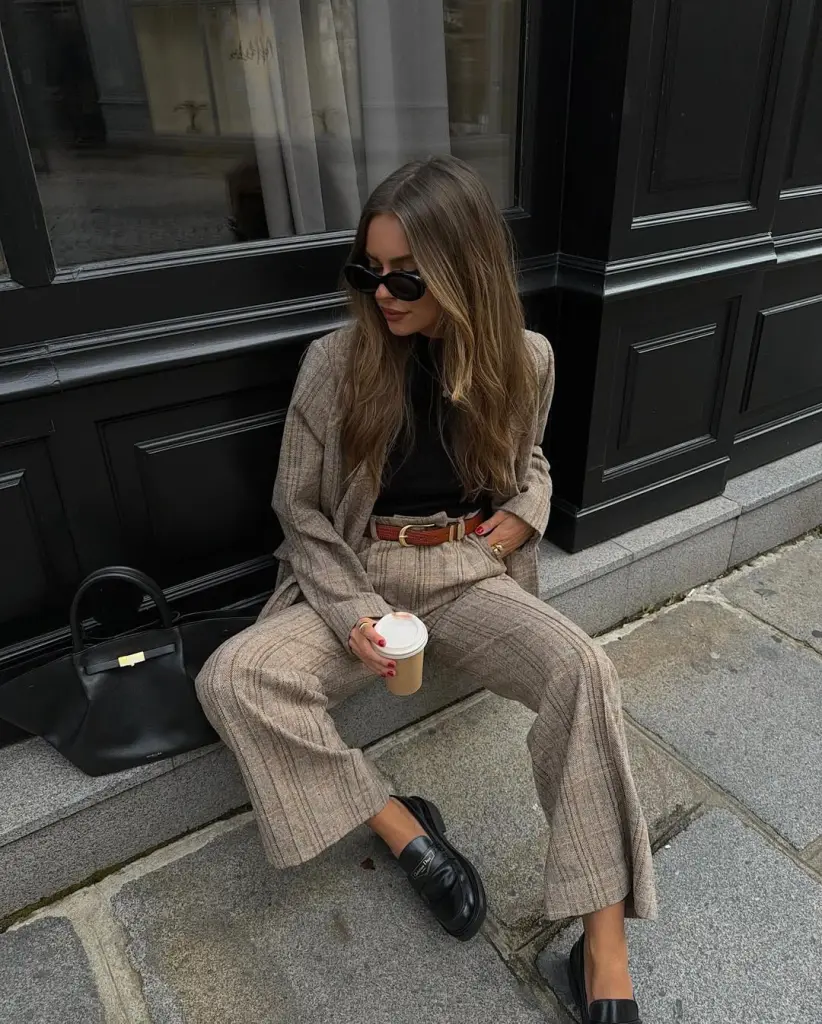 Classy and chic fall outfit with beige pinstripe blazer, matching straight-leg trousers, black turtleneck, cognac belt and black leather loafers

