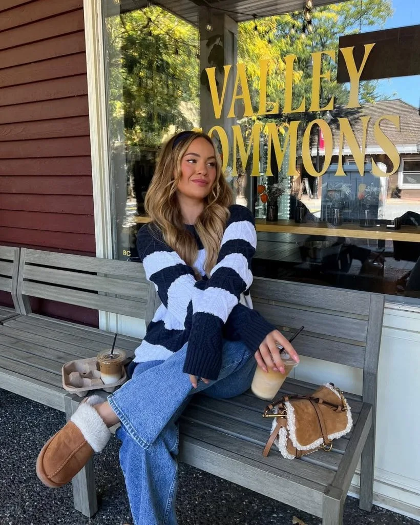 Cozy fall outfit with navy striped chunky sweater, light wash jeans, tan UGG boots
