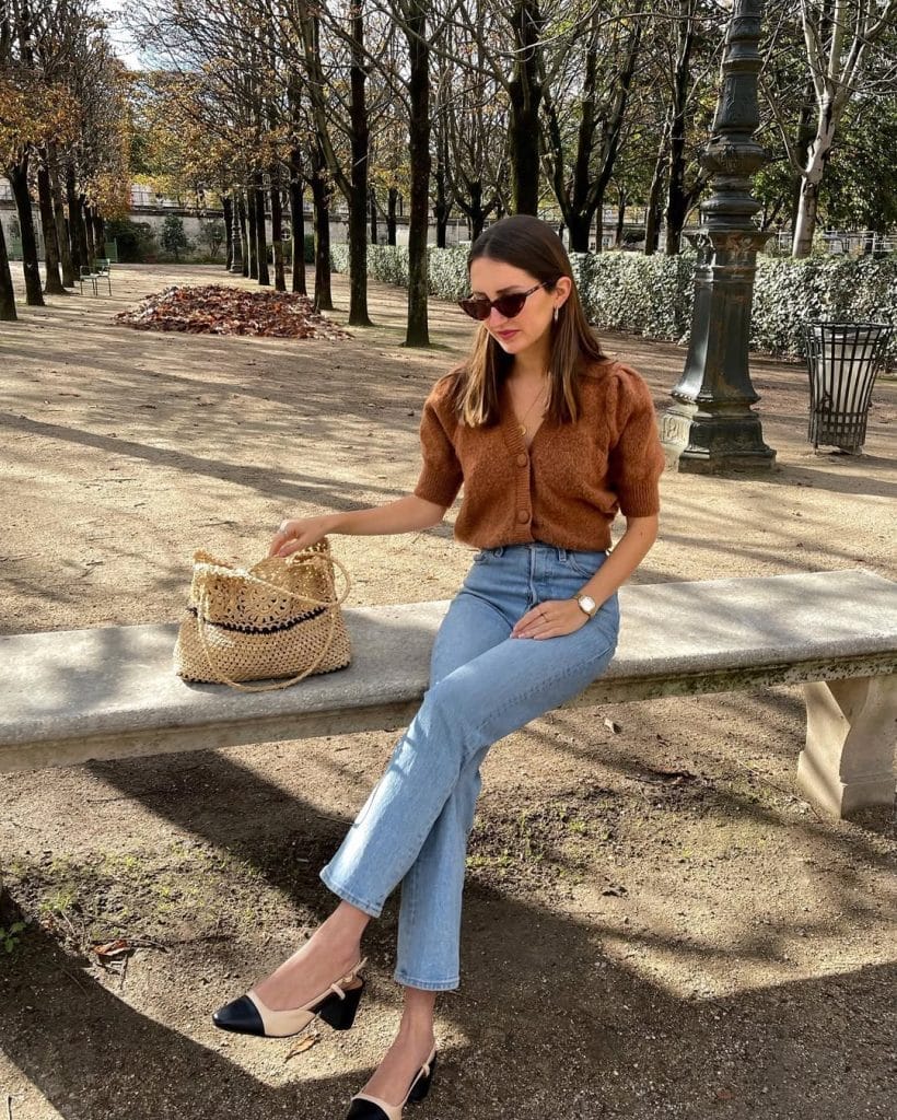 Parisian fall outfit with camel cardigan, straight-leg jeans, woven basket bag