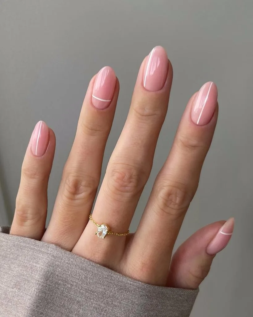 Oval nude pink old money fall nails with white line design