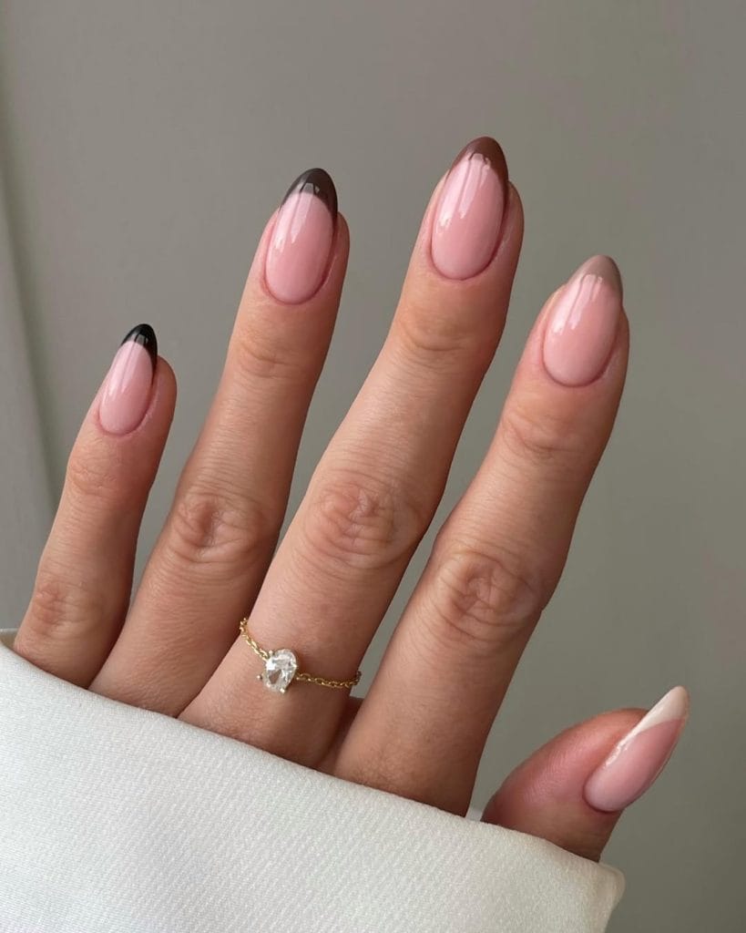 fall French tip nails with cream, beige, brown, chocolate and black tips on almond nails