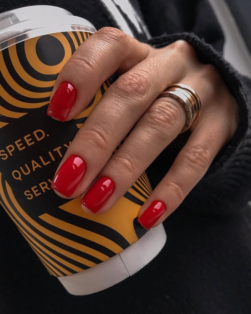Short square red old money fall nails