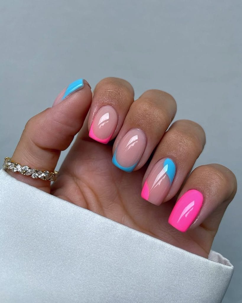 square August nails with nude base and colorful French tips in pink and blue