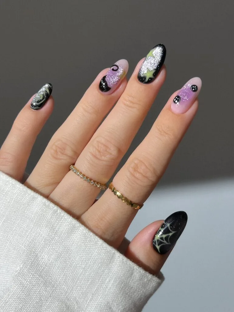 black and lilac glitter almond nails with glow green spiderweb and stars, Halloween nail idea
