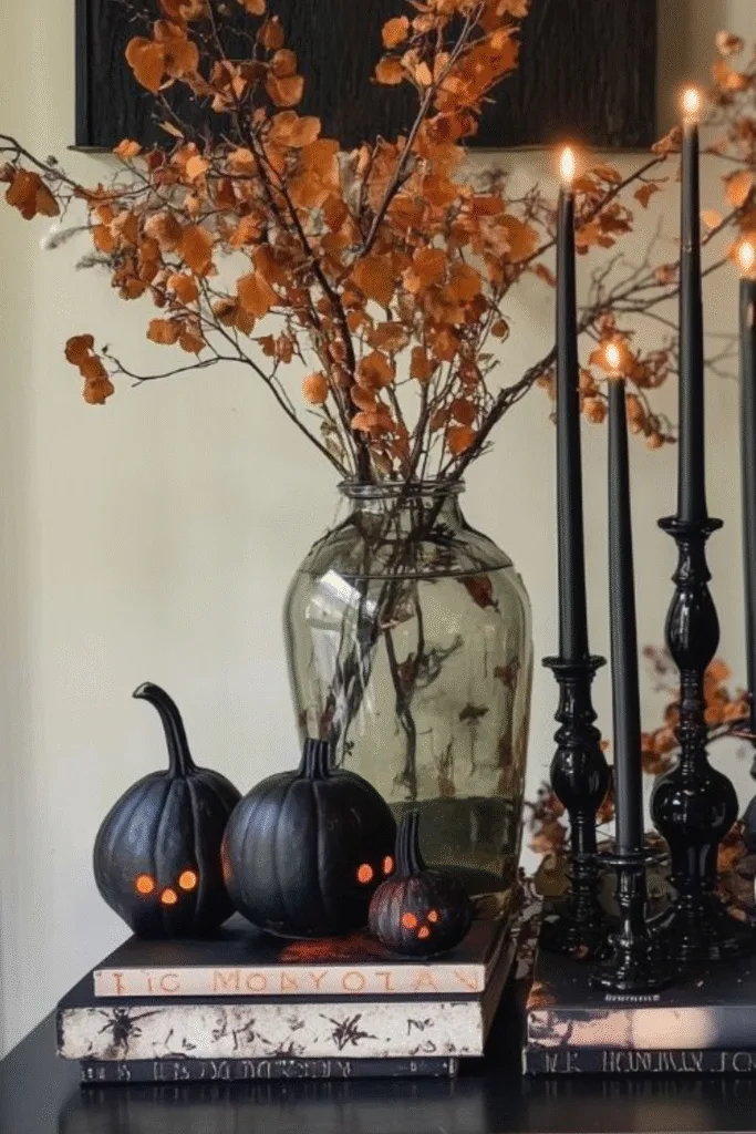 Black pumpkins Halloween decor with orange dots on books next to autumn branches and black candles