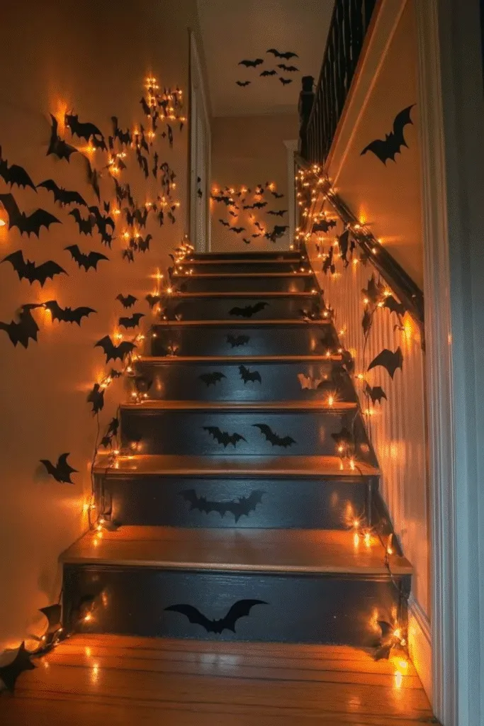 Bat Halloween decor ideas on staircase with orange twinkle lights