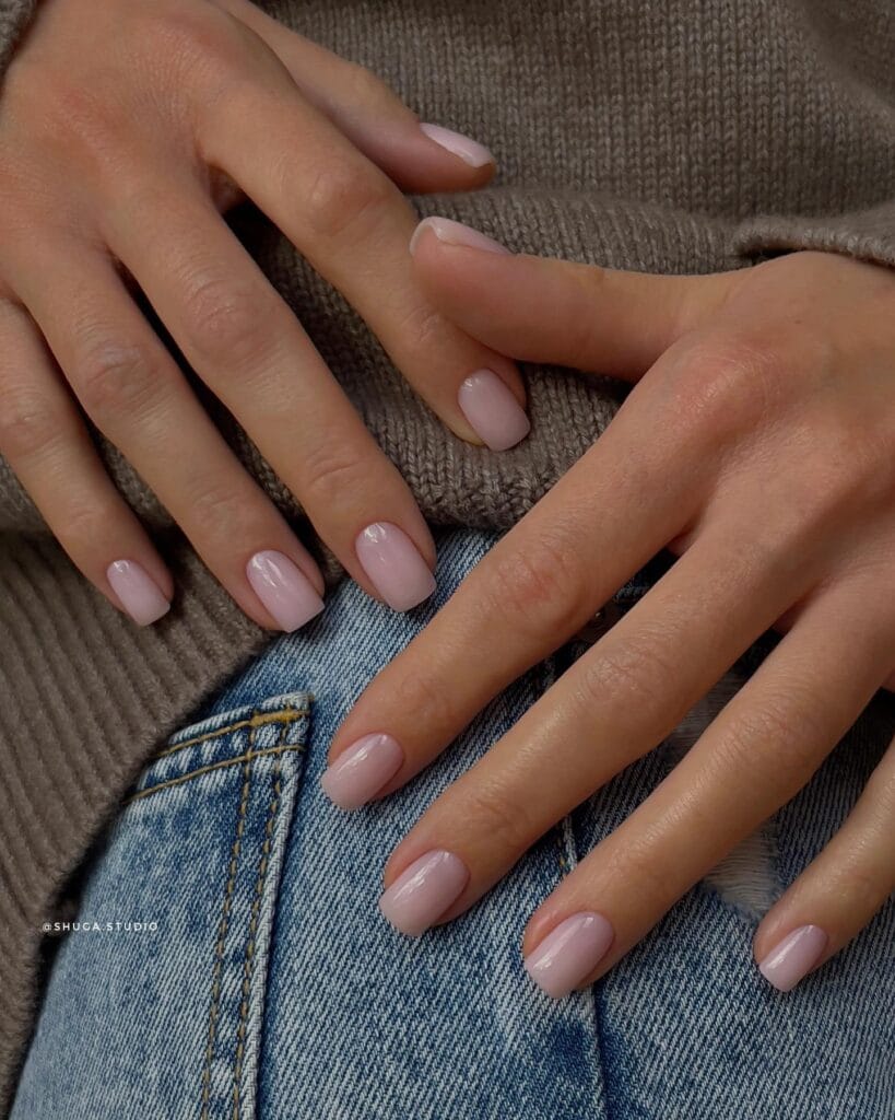 short nails with glossy blush pink polish, October nail inspiration