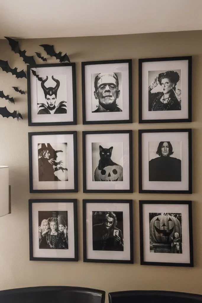 Halloween decor ideas with horror movie character gallery wall and bats