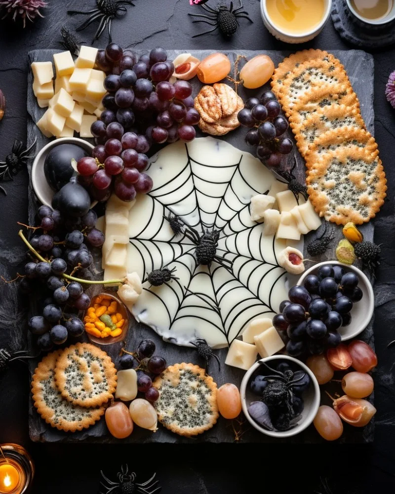 Halloween charcuterie board with spider web cheese design