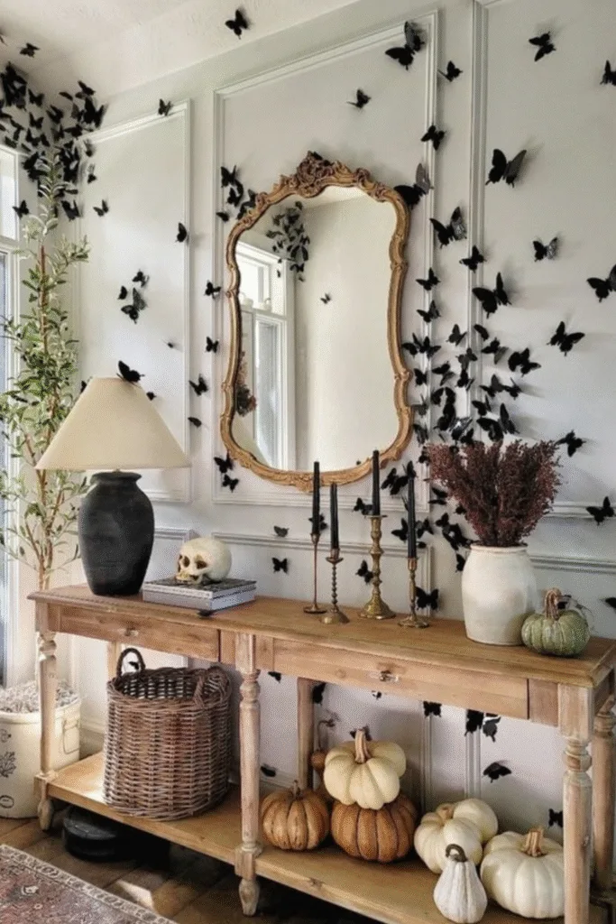 Halloween decorations with black butterflies on wall and mirror