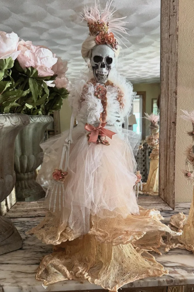 Skeleton bride Halloween decor with pink tulle and crown
