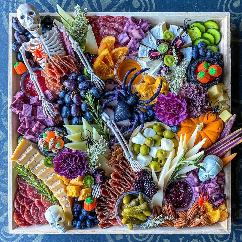 Halloween charcuterie board with purple spider and skeleton