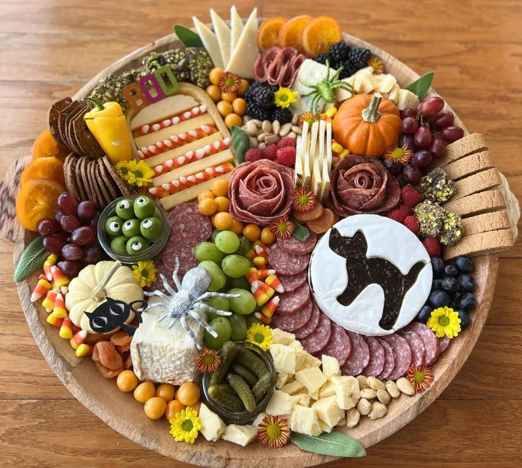 Halloween charcuterie board with bat-shaped brie