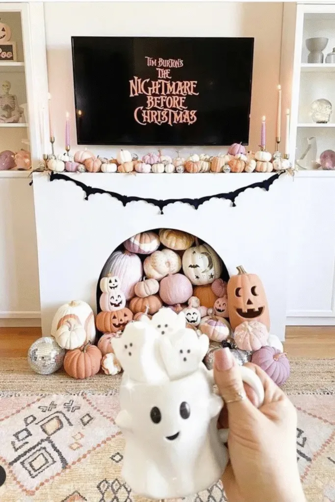 Pastel pumpkin Halloween decor on fireplace mantel with bat garland