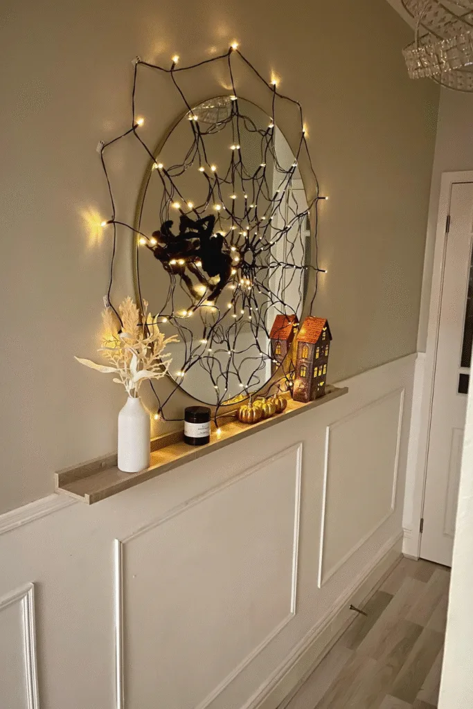 Spider web Halloween decorations with lights on mirror