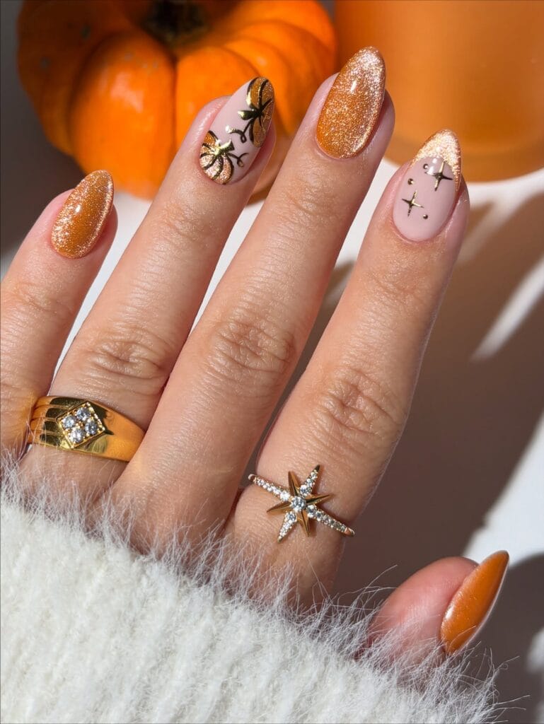 copper cat-eye glitter nails with gold foil pumpkin accents and star French tip, fall Halloween manicure
