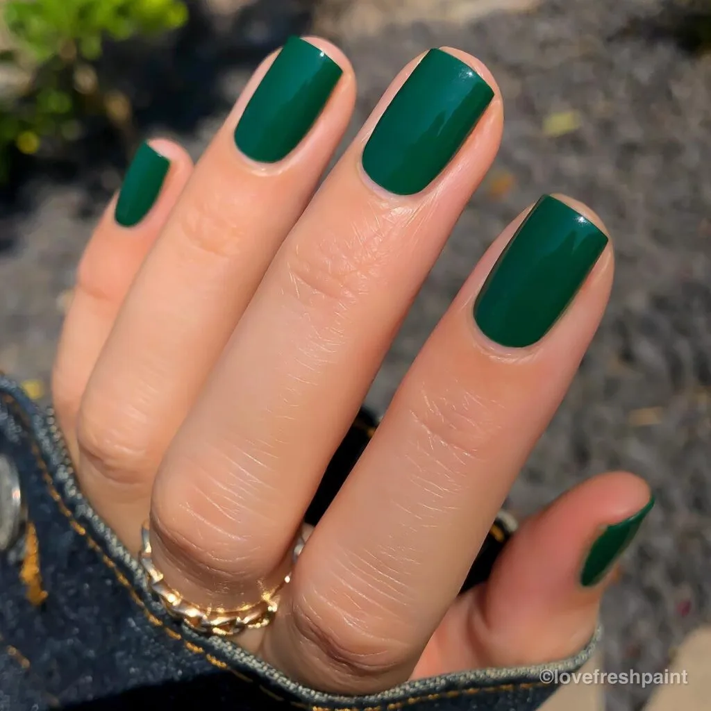 Glossy short dark green square nails, simple elegant manicure
