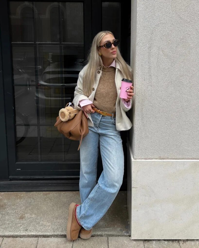 Cream jacket over camel sweater and pink shirt with light-wash jeans and tan clogs—casual winter outfits idea.
