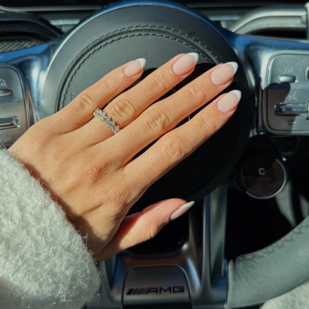 rounded french tip nails with white ends, winter old money nails