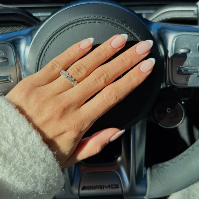 rounded french tip nails with white ends, winter old money nails