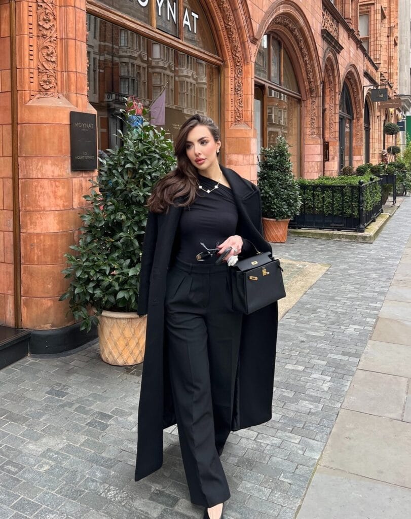 winter date outfit with long black coat, black turtleneck, wide-leg pants
