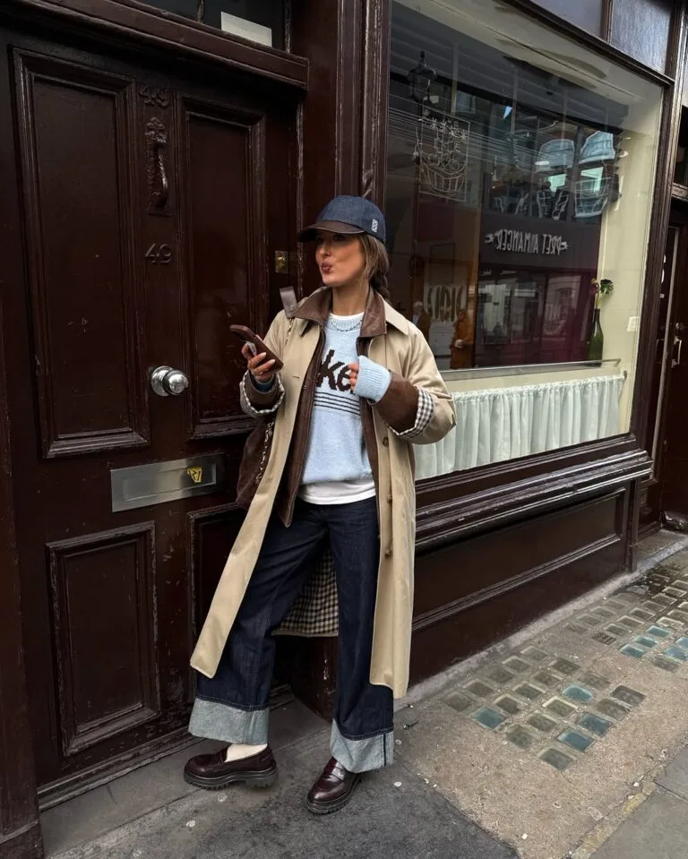 Beige trench layered over leather jacket and graphic sweater with cuffed dark jeans and loafers—casual winter outfits.