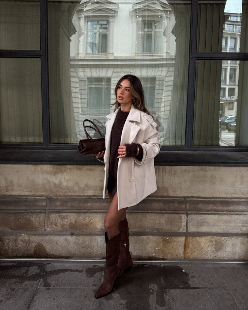 woman wearing ivory trench coat, brown knit mini dress, brown suede boots, chic winter outfit