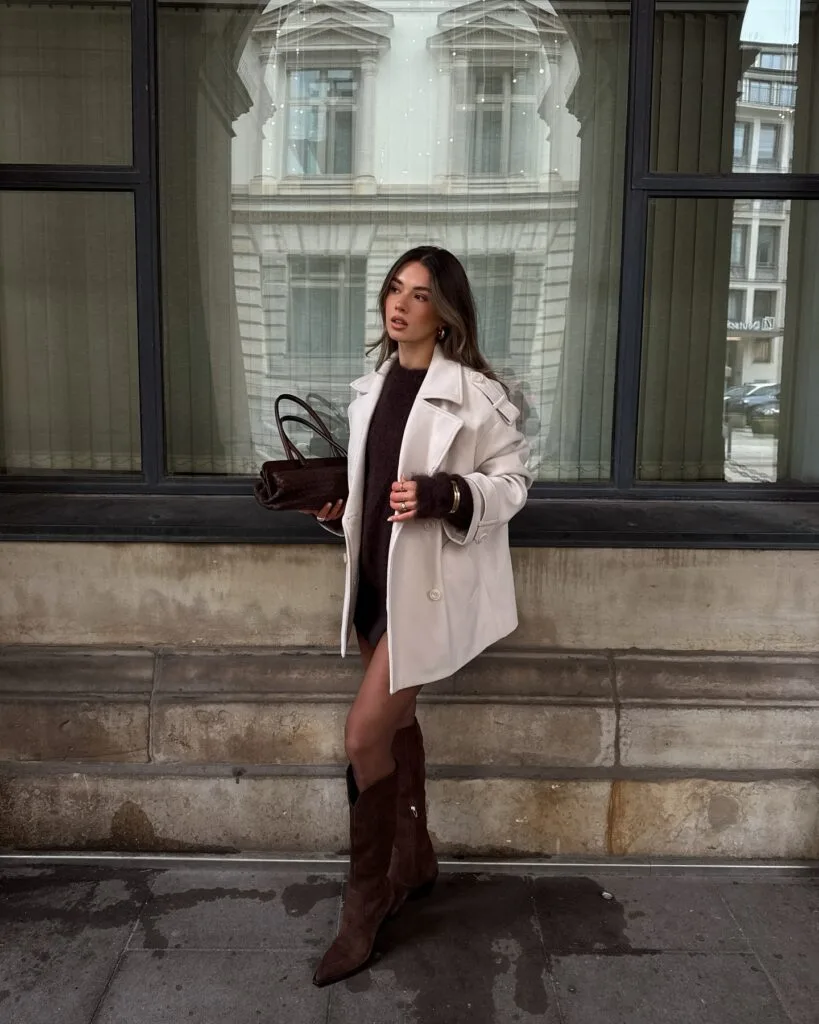 woman wearing ivory trench coat, brown knit mini dress, brown suede boots, chic winter outfit