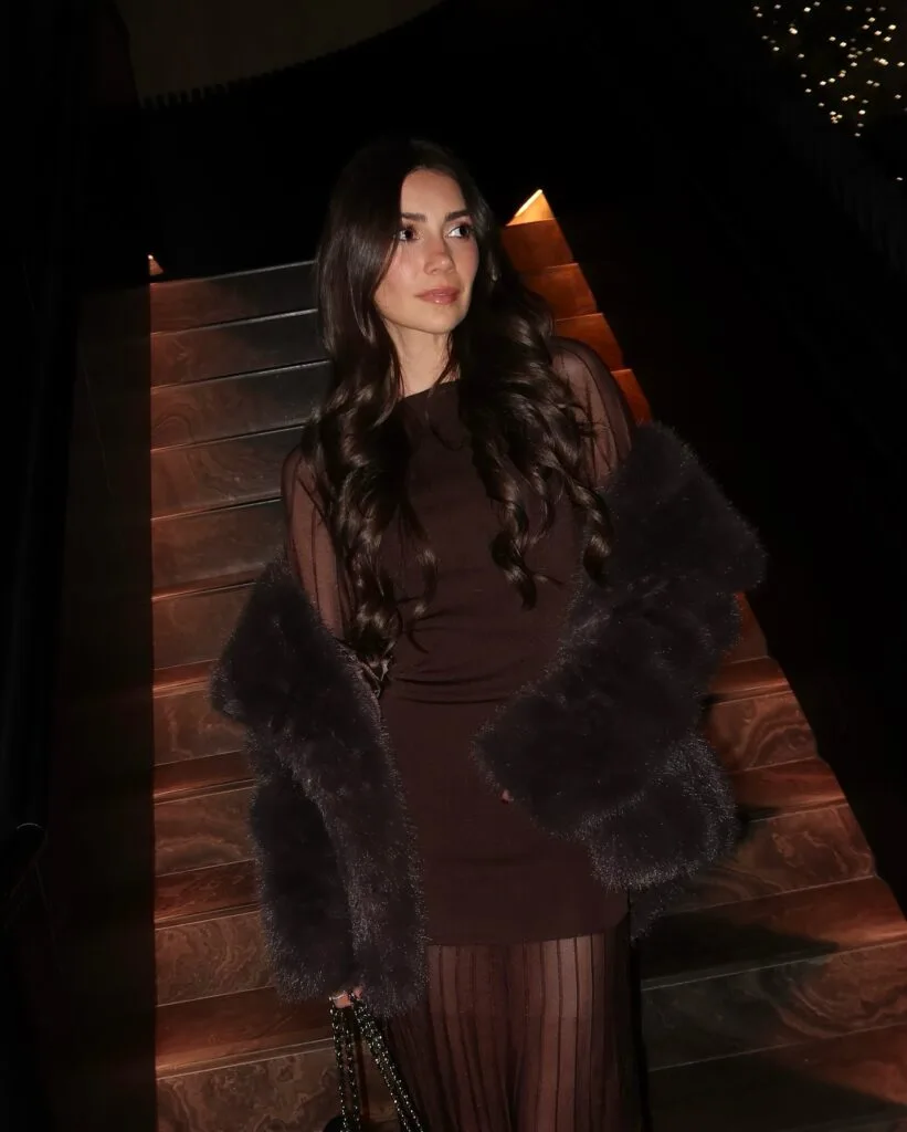 Woman in sheer brown dress with fur stole on dim staircase, elegant holiday outfit.
