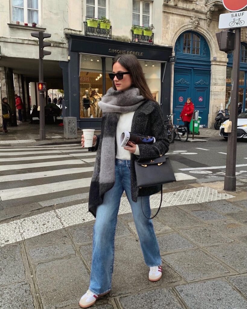 charcoal coat, grey scarf, wide-leg jeans, and sneakers, winter paris winter outfit
