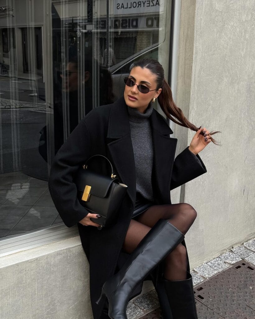 black coat with turtleneck, mini skirt, and knee-high boots, winter paris winter outfit
