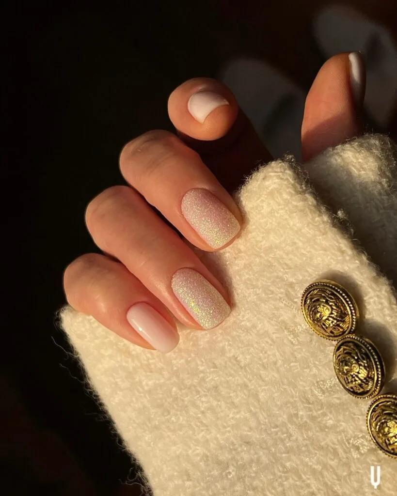 pale pink nails with fine gold shimmer, winter old money nails with sparkle
