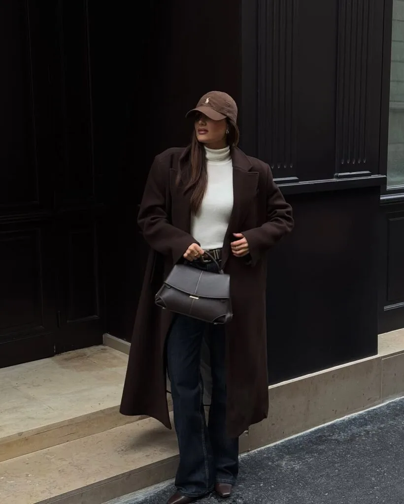 woman wearing brown wool coat, white turtleneck, dark jeans, brown boots, brown cap, minimalist winter outfit
