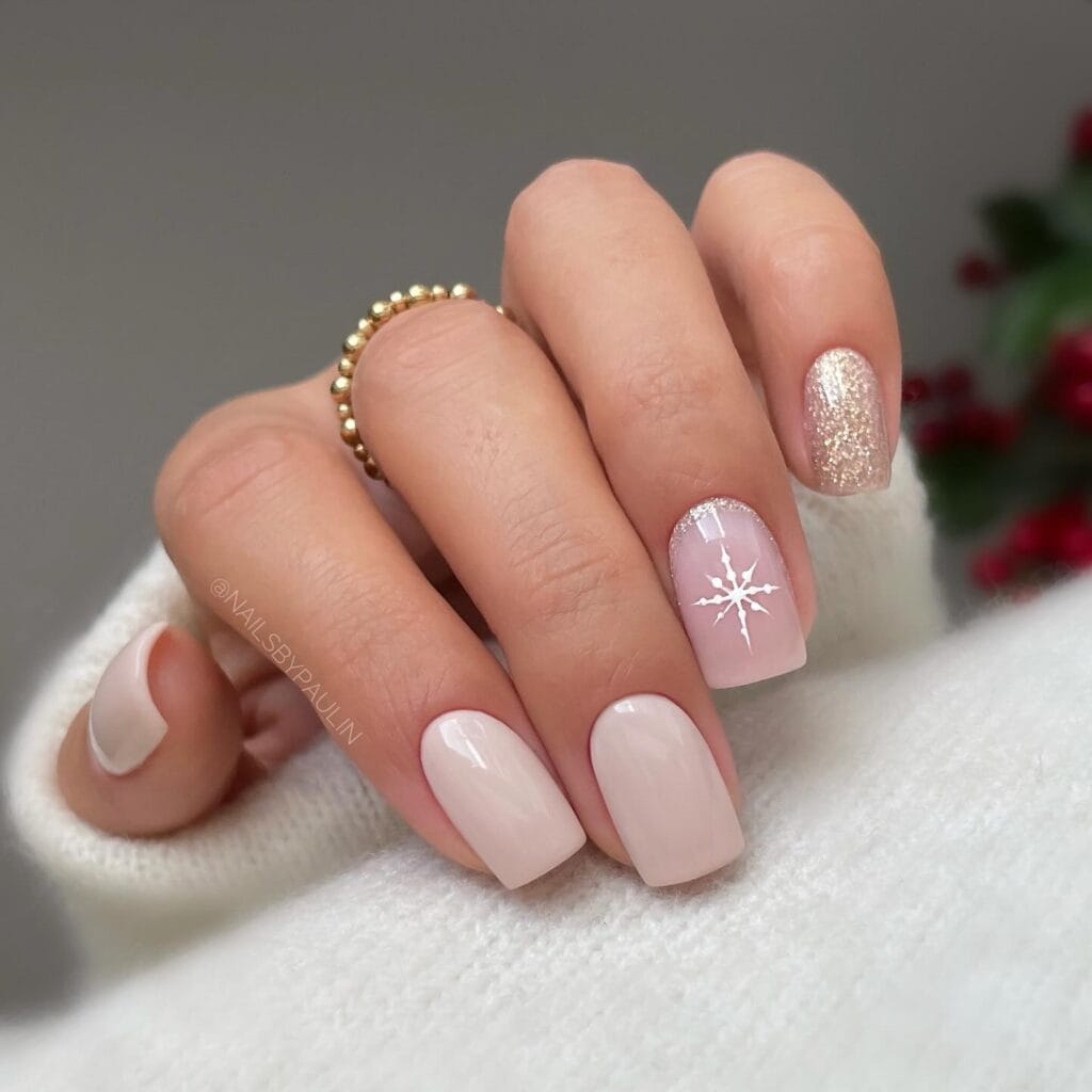 blush pink nails with white starburst art and champagne glitter accent, December nail ideas
