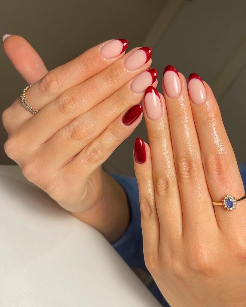 red french tips and solid red nails, almond shape, winter old money nail design
