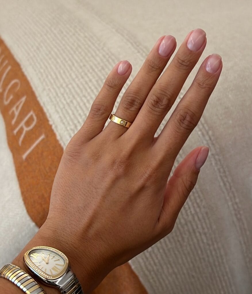 sheer blush natural nails, rounded short shape, winter old money nails
