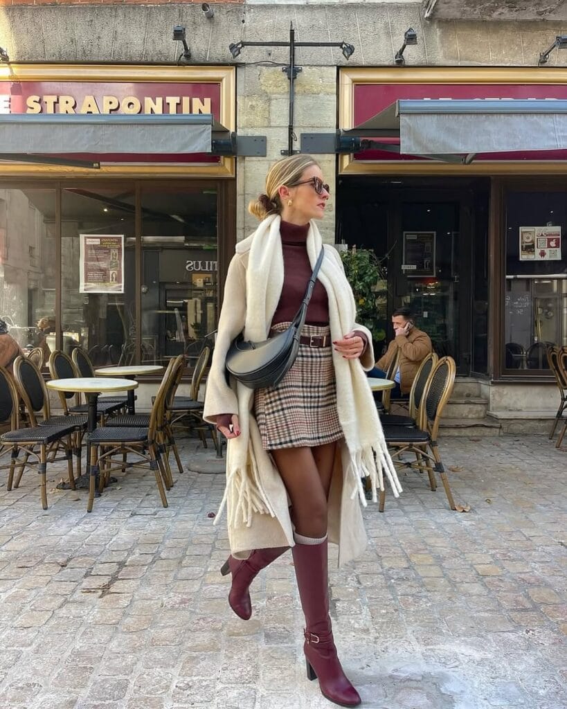 plaid mini skirt, burgundy boots, cream wrap coat, turtleneck, winter paris outfit
