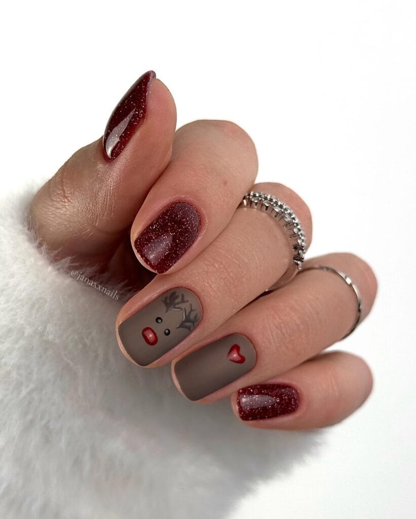 short brown and glitter nails with matte reindeer and heart accent, Christmas nails
