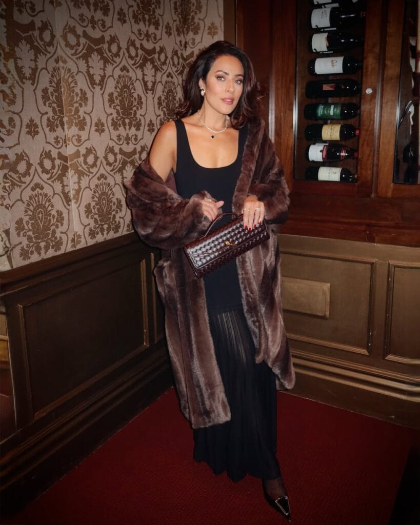 winter date outfit with brown fur coat, black maxi dress, heels
