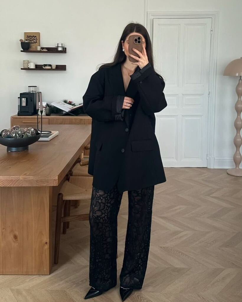 winter date outfit with black blazer, black lace pants, black heels

