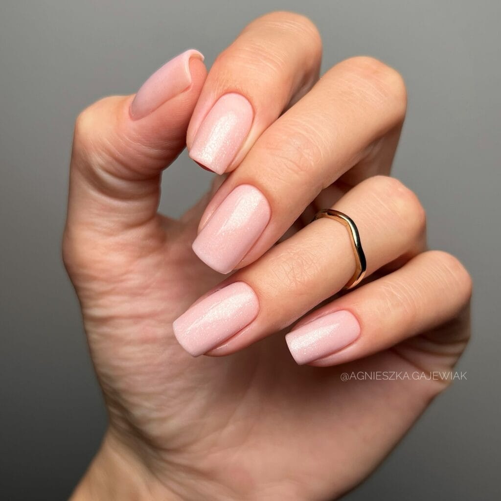 nude nails with soft shimmer, squared shape, winter old money nails
