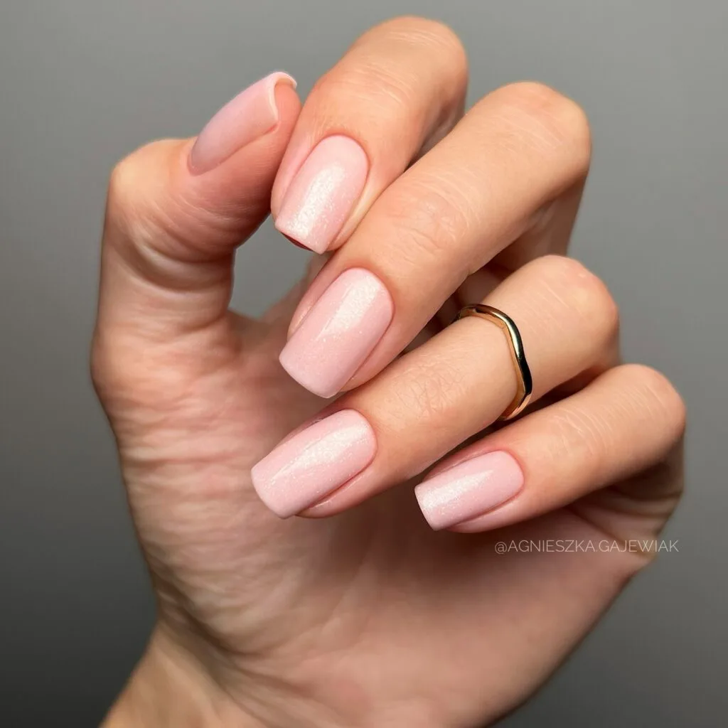 nude nails with soft shimmer, squared shape, winter old money nails
