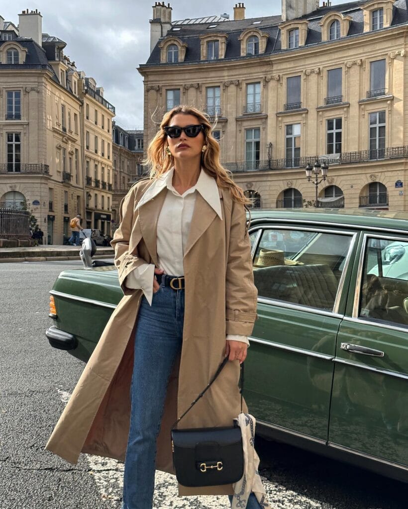 beige trench coat, white shirt, blue jeans, black bag, winter paris winter outfit
